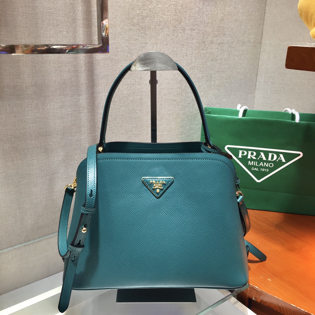 Prada Matinee Saffiano Leather Handbag Bag Tote Blue Paon 1BA282